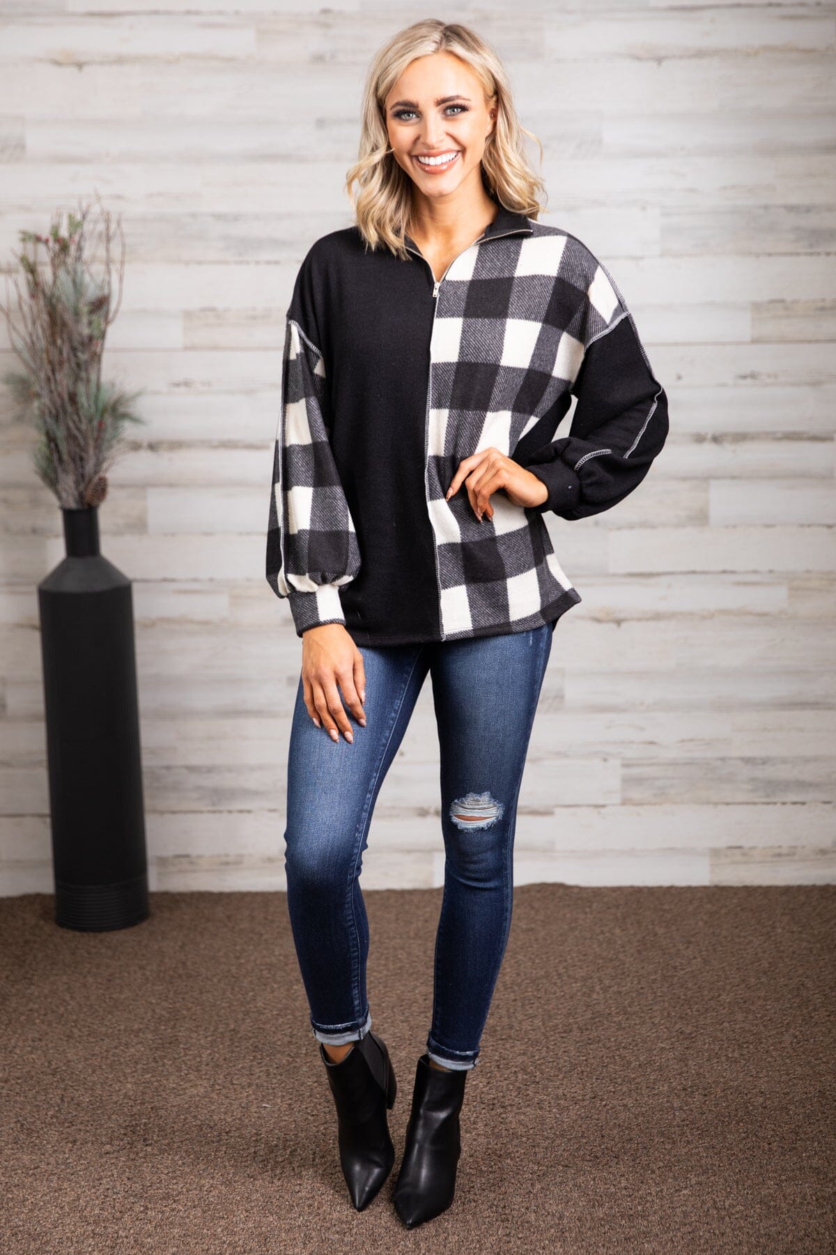 Black and Ivory Buffalo Plaid Mock Neck Top - Filly Flair