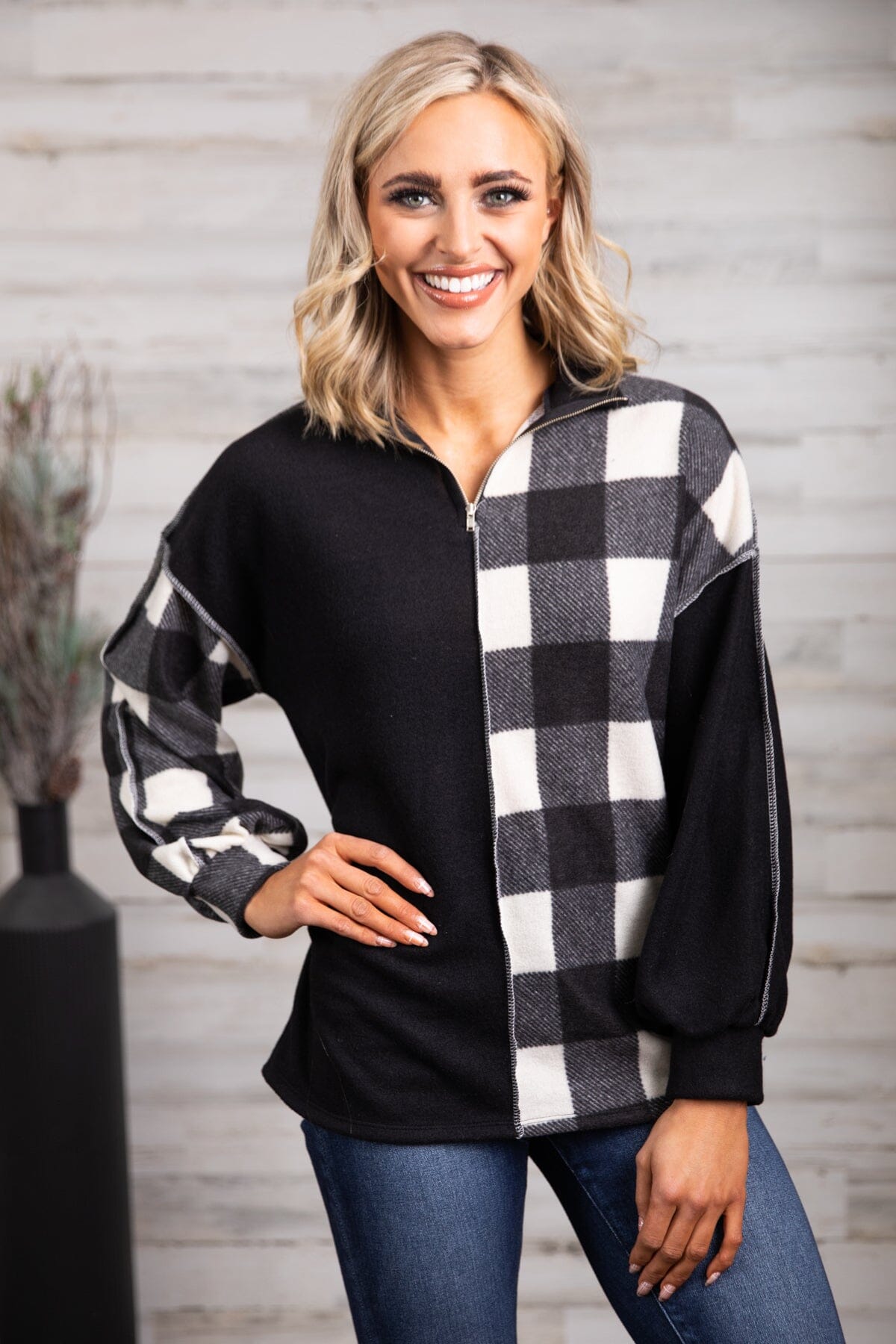 Black and Ivory Buffalo Plaid Mock Neck Top - Filly Flair
