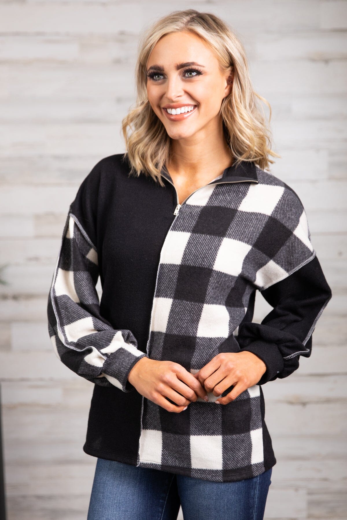 Black and Ivory Buffalo Plaid Mock Neck Top - Filly Flair