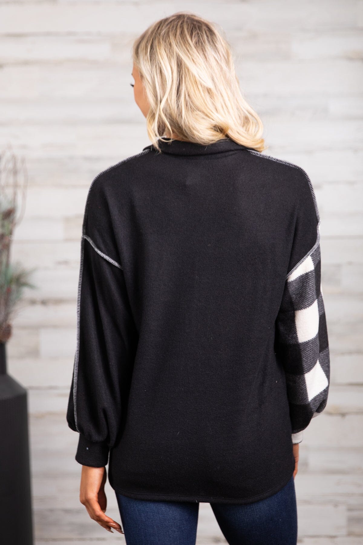 Black and Ivory Buffalo Plaid Mock Neck Top - Filly Flair