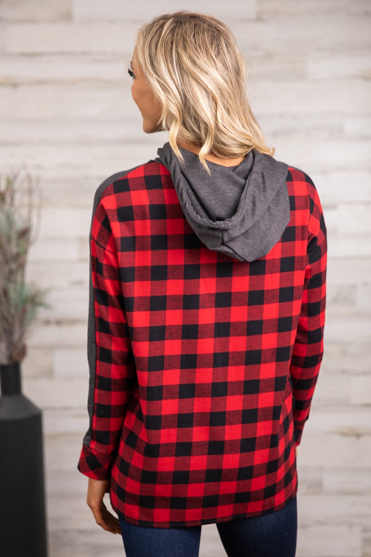 Charcoal and Red Buffalo Plaid Hooded Top - Filly Flair