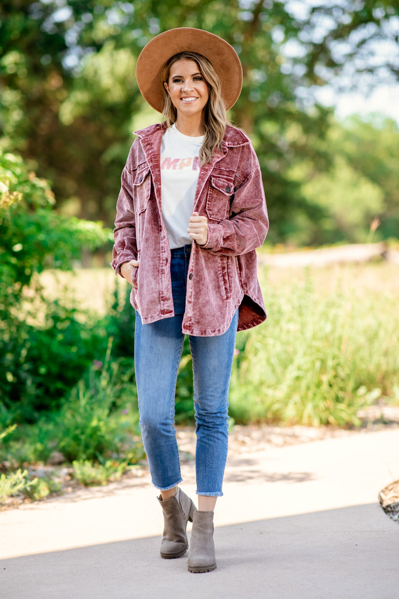 Wine Washed Corduroy Drop Shoulder Shacket - Filly Flair