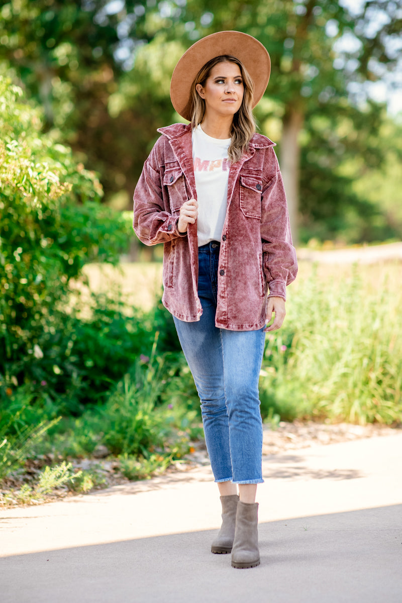 Wine Washed Corduroy Drop Shoulder Shacket - Filly Flair