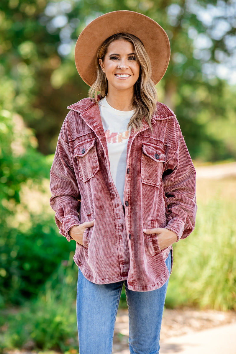 Wine Washed Corduroy Drop Shoulder Shacket - Filly Flair