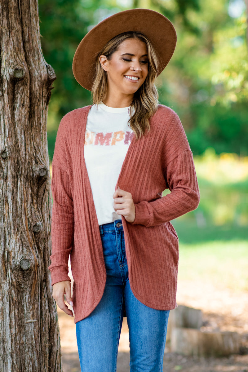 Rust Ribbed Waffle Knit Cocoon Cardigan - Filly Flair