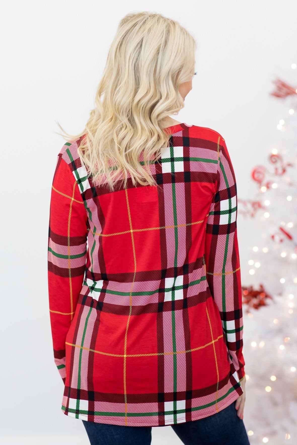 Red & Green Plaid Long Sleeve V Neck Top - Filly Flair