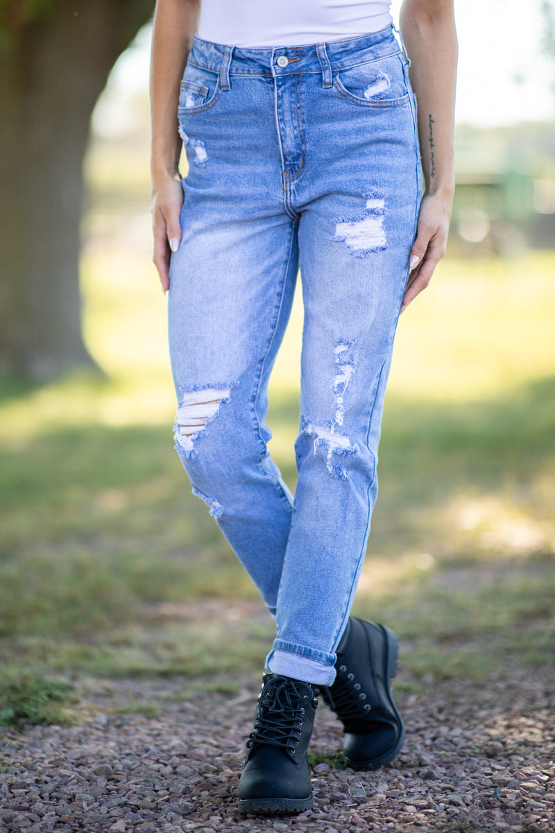 Light Wash Convertible Cuff Mom Jeans - Filly Flair