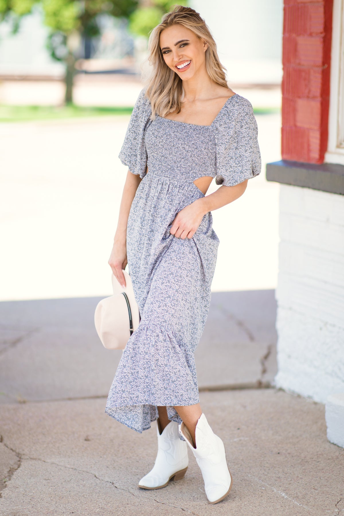 Slate Blue Floral Midi Dress with Back Cutout - Filly Flair