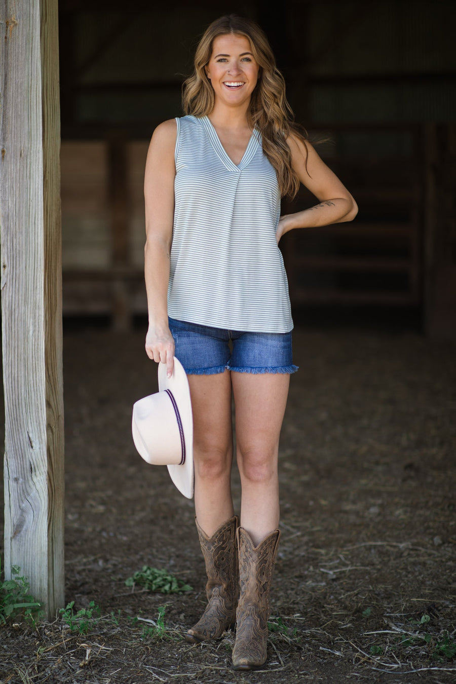 Sage and White Stripe V-Neck Tank - Filly Flair