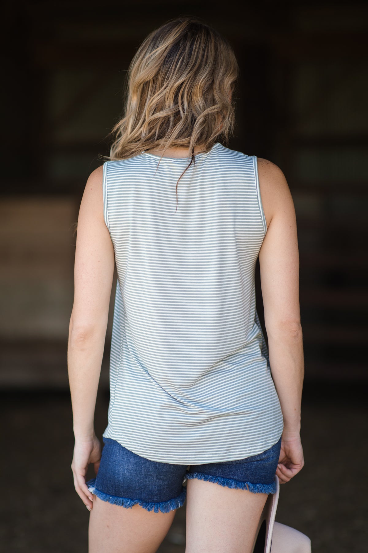 Sage and White Stripe V-Neck Tank - Filly Flair