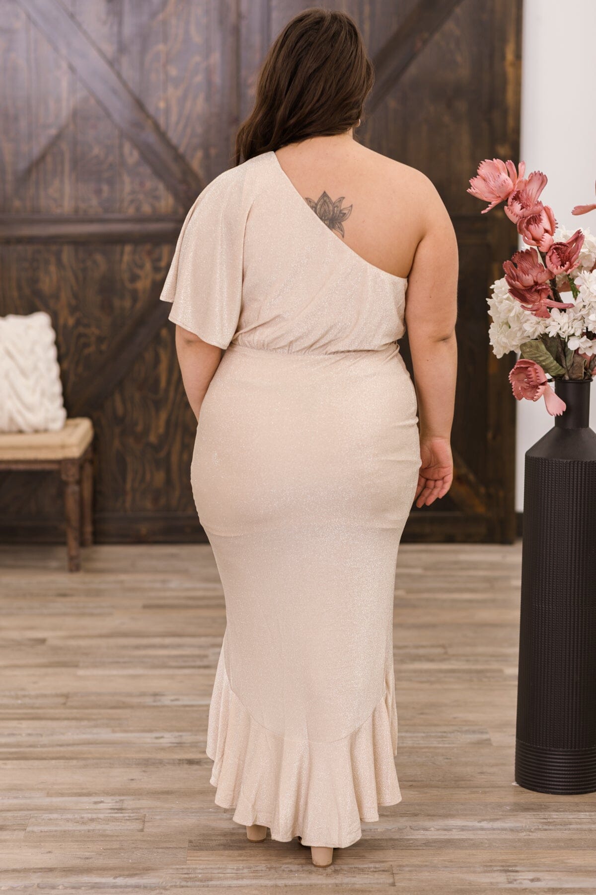 Tan Shimmery One Shoulder Midi Dress - Filly Flair