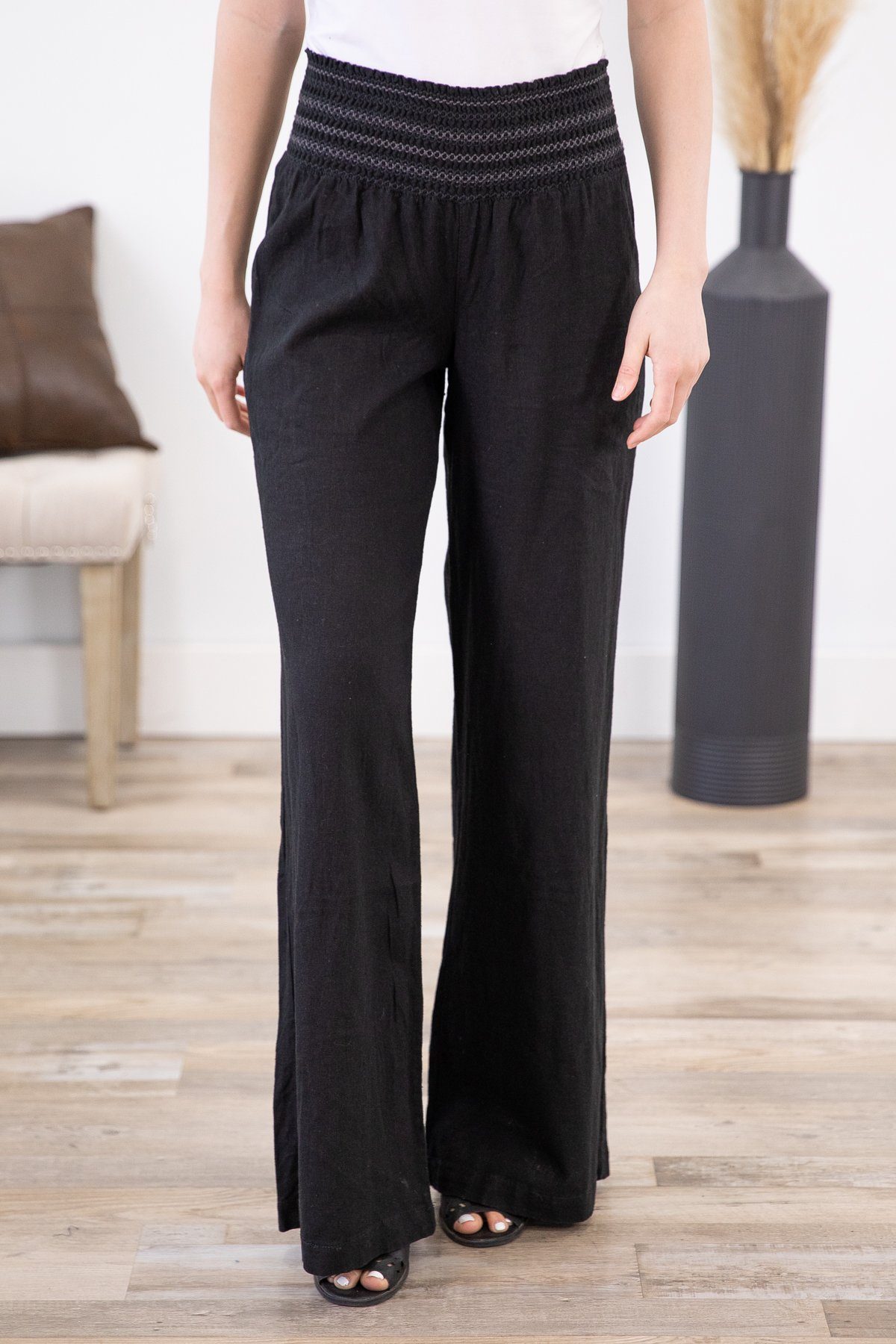 Black Embroidered Smocked Waist Palazzo Pant - Filly Flair