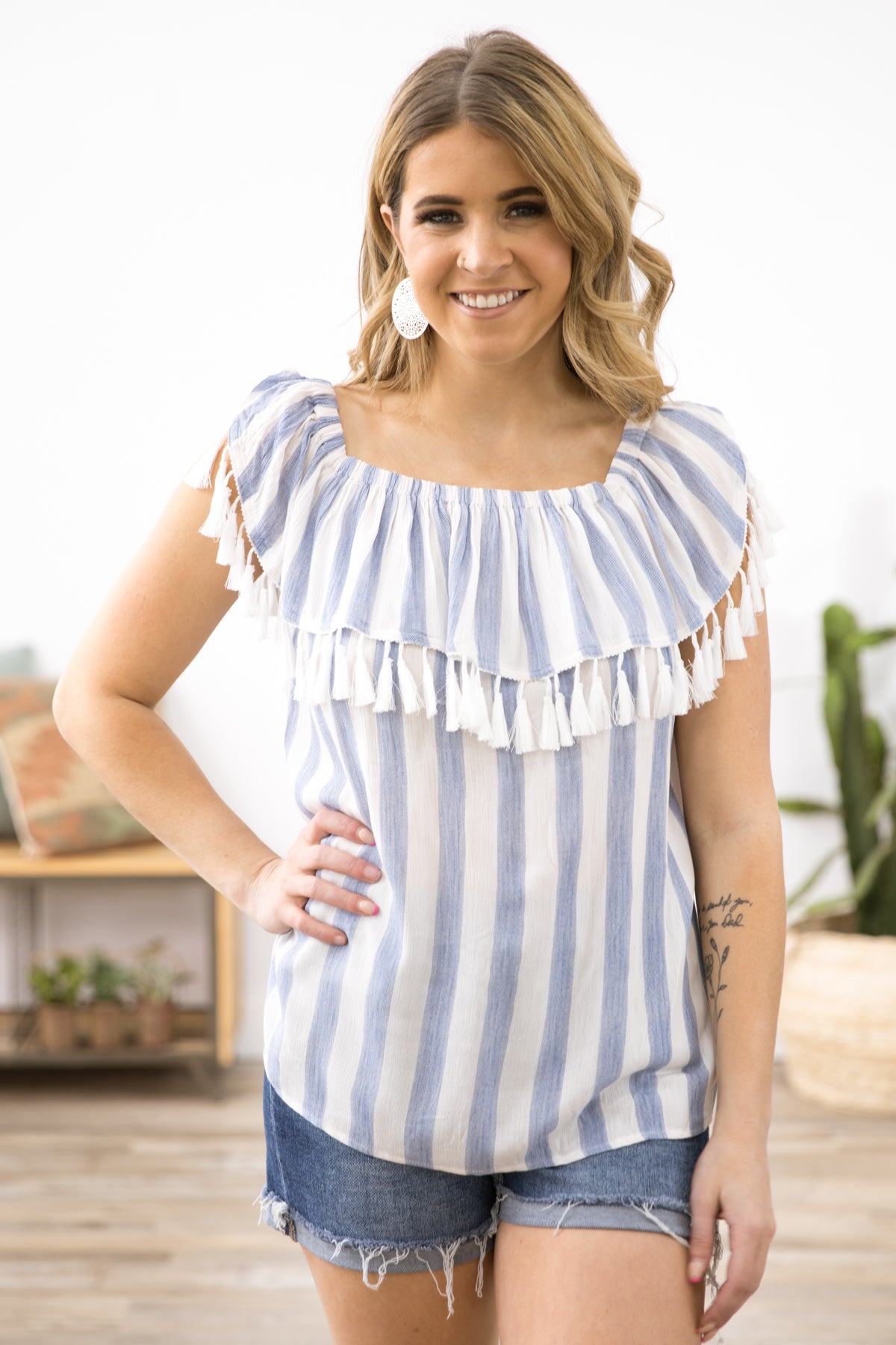 Dusty Blue and White Tassel Trim Stripe Top - Filly Flair
