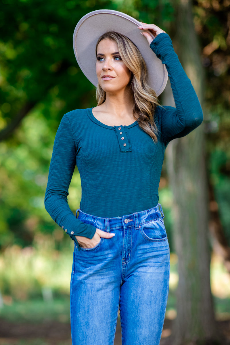 Emerald Green Rib Knit Henley Top - Filly Flair