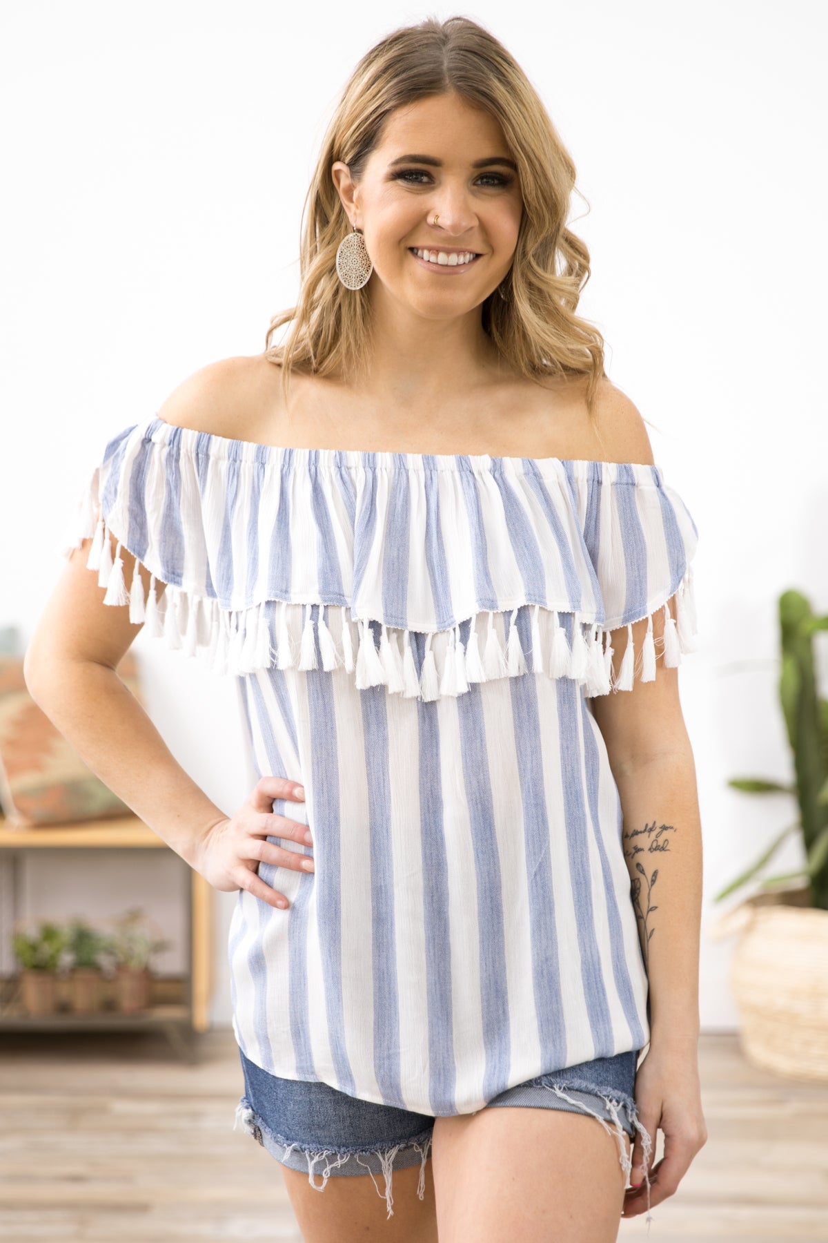 Dusty Blue and White Tassel Trim Stripe Top - Filly Flair