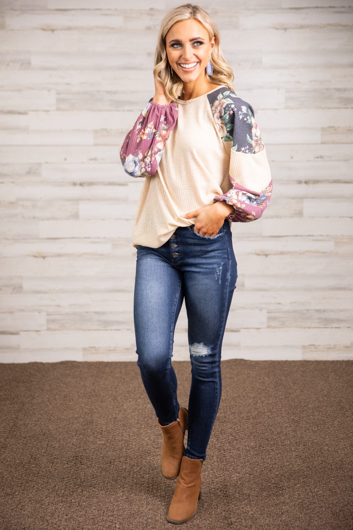 Beige and Berry Floral Print Sleeve Top - Filly Flair