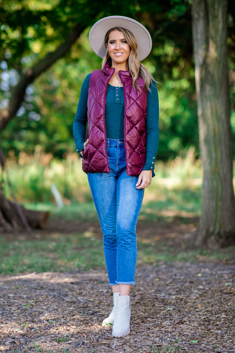 Burgundy Quilted Puffer Vest - Filly Flair