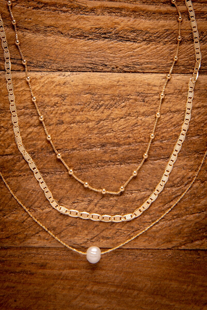 Gold Multi Strand Necklace With Pearl - Filly Flair