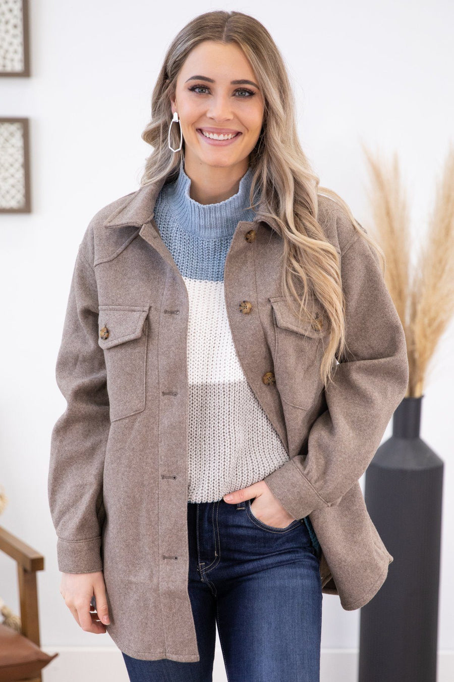 Mocha Heathered Shacket with Pockets - Filly Flair
