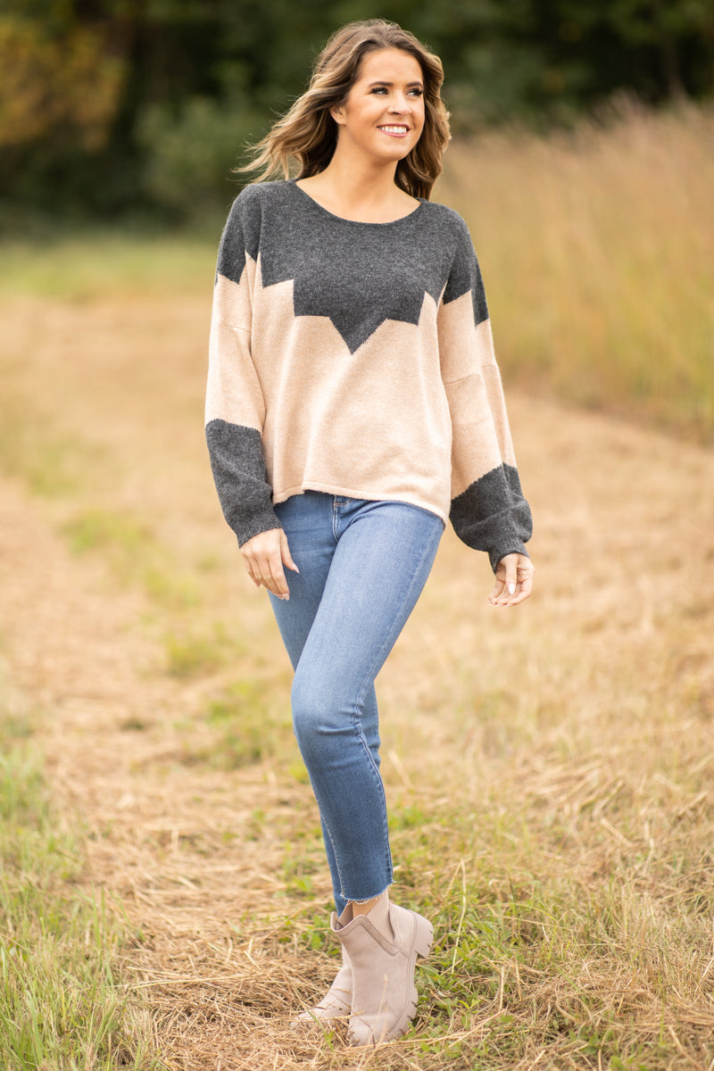 Charcoal and Tan Chevron Colorblock Sweater - Filly Flair