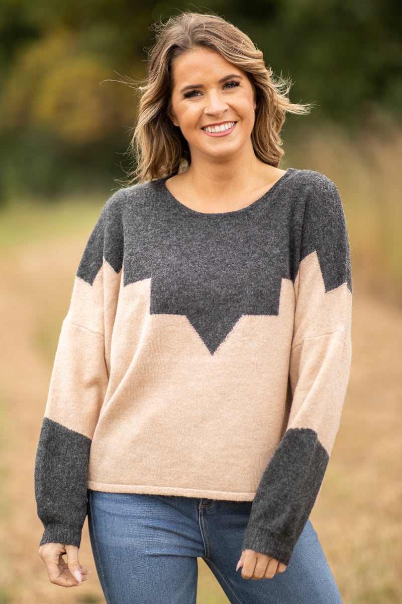 Charcoal and Tan Chevron Colorblock Sweater - Filly Flair