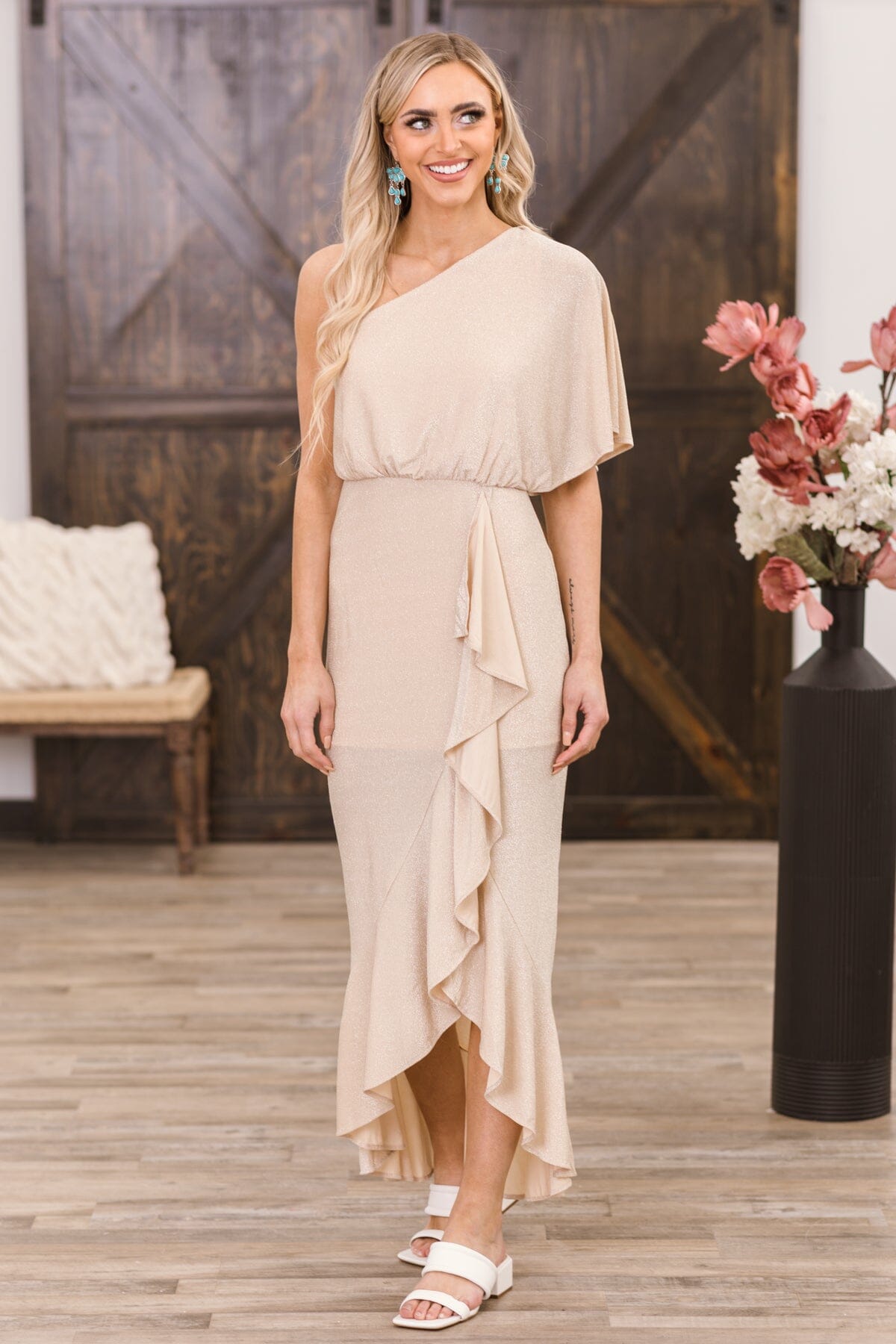 Tan Shimmery One Shoulder Midi Dress - Filly Flair