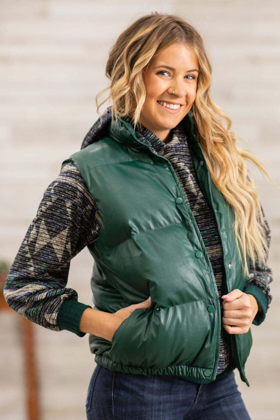 Hunter Green Faux Leather Puffer Vest - Filly Flair