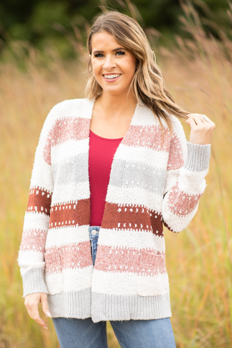Ivory and Grey Multicolor Stripe Cardigan - Filly Flair