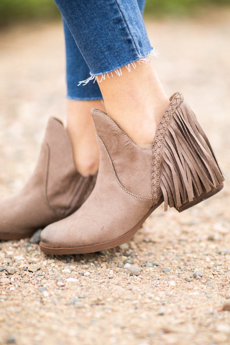 Taupe Burnished Toe Bootie With Fringe - Filly Flair