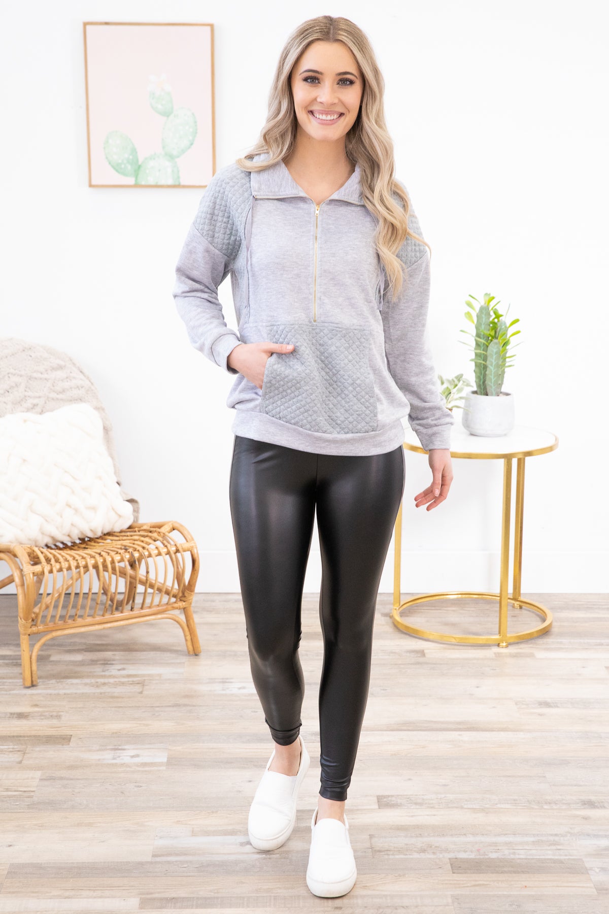 Grey 1/4 Zip Top with Quilted Detail - Filly Flair