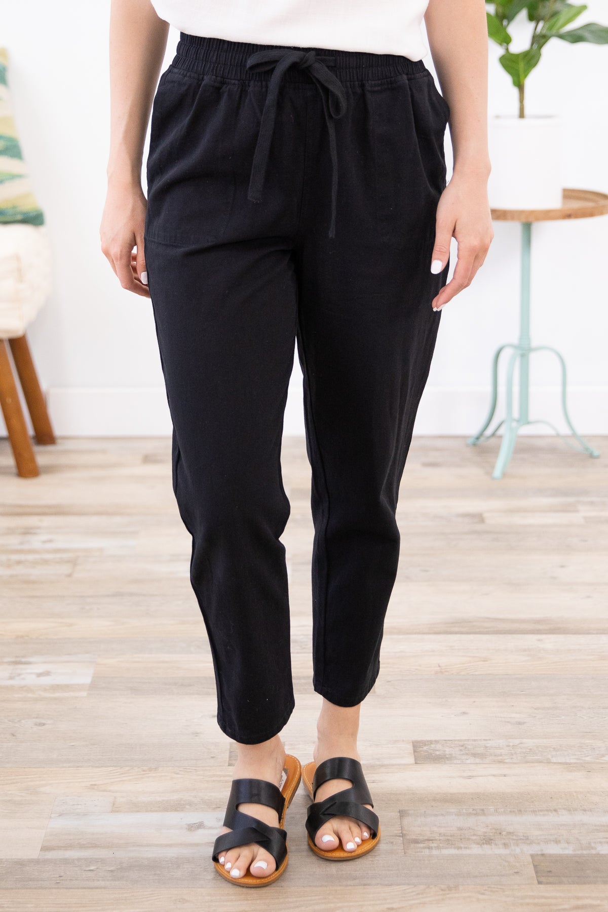Black Elastic Waist Straight Leg Twill Pants - Filly Flair