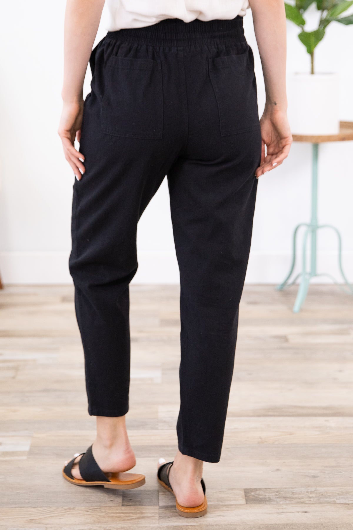 Black Elastic Waist Straight Leg Twill Pants - Filly Flair