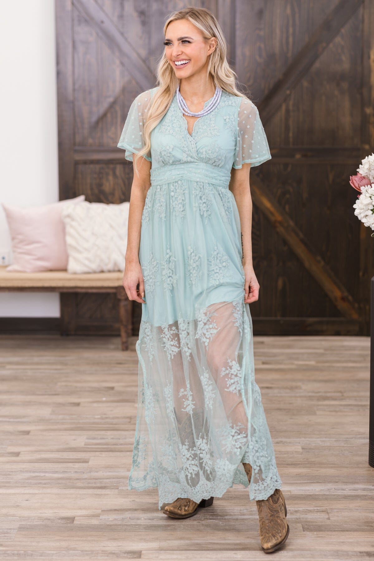 Pastel Mint Lace Overlay Maxi Dress - Filly Flair