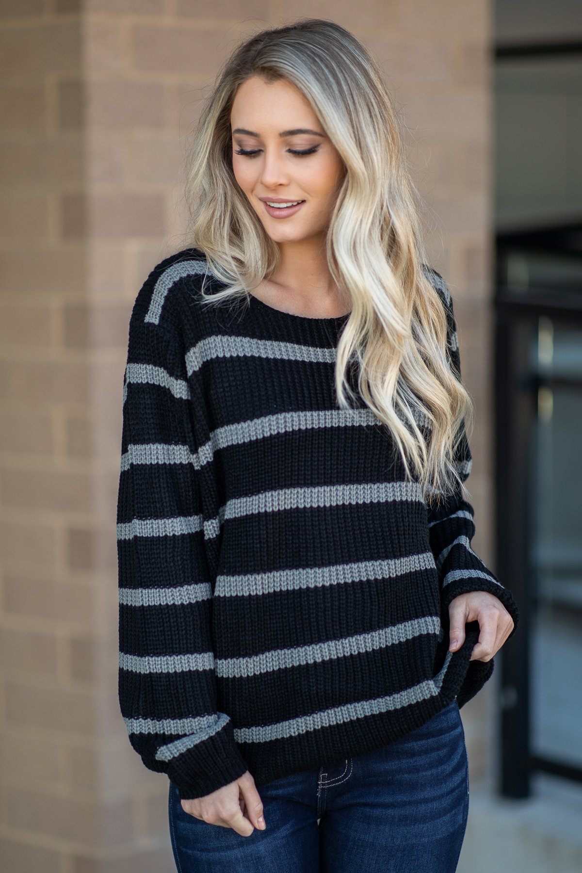 Black and Grey Striped Long Sleeve Sweater - Filly Flair