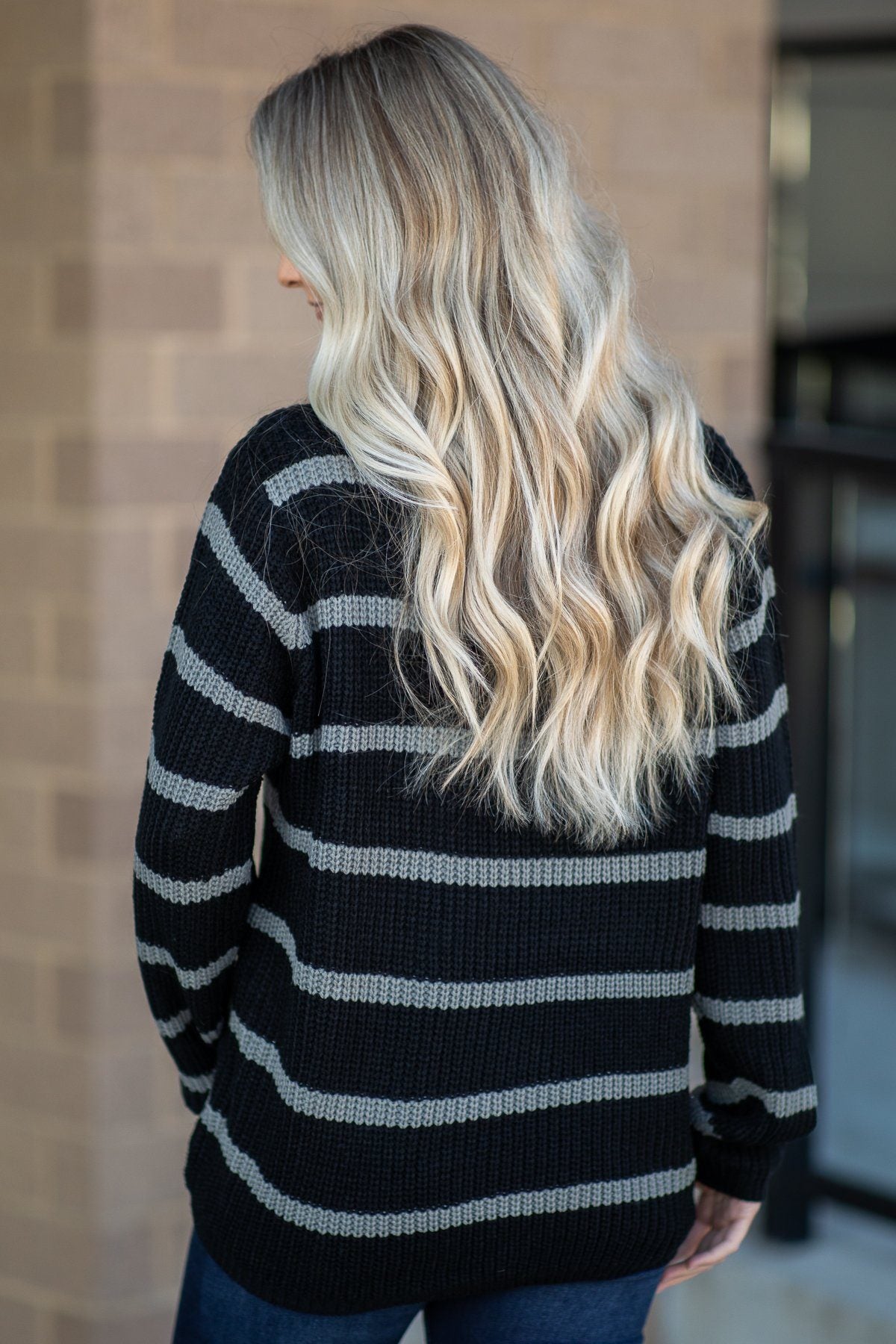 Black and Grey Striped Long Sleeve Sweater - Filly Flair