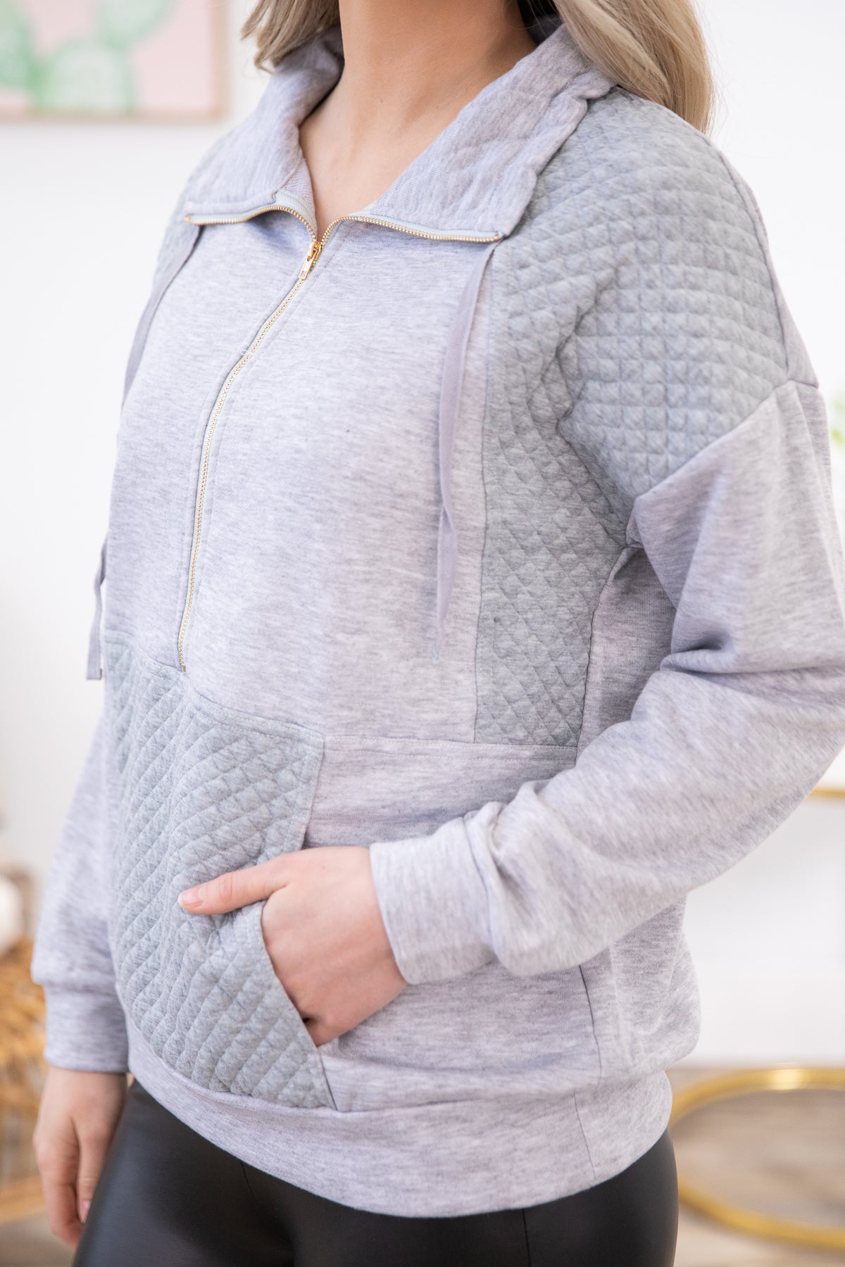 Grey 1/4 Zip Top with Quilted Detail - Filly Flair