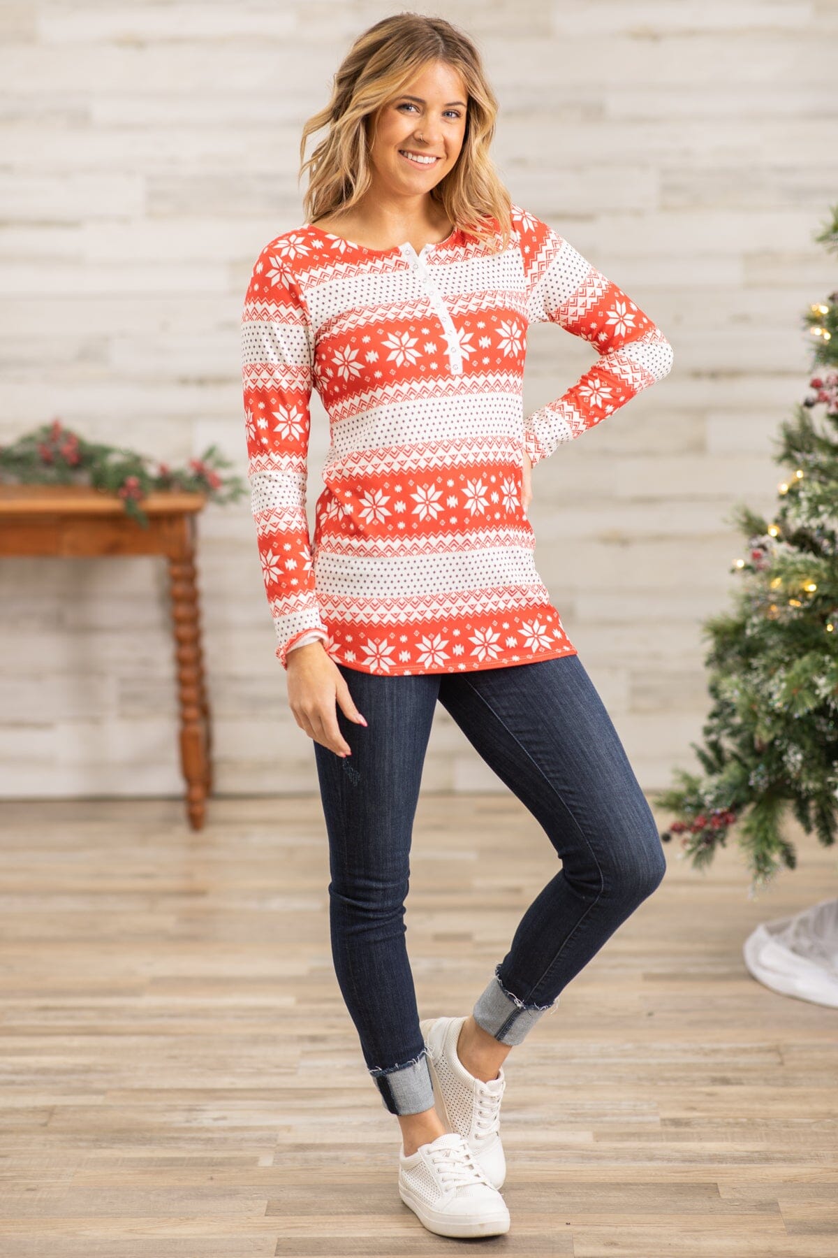 Red and Ivory Fair Isle Henley Top - Filly Flair