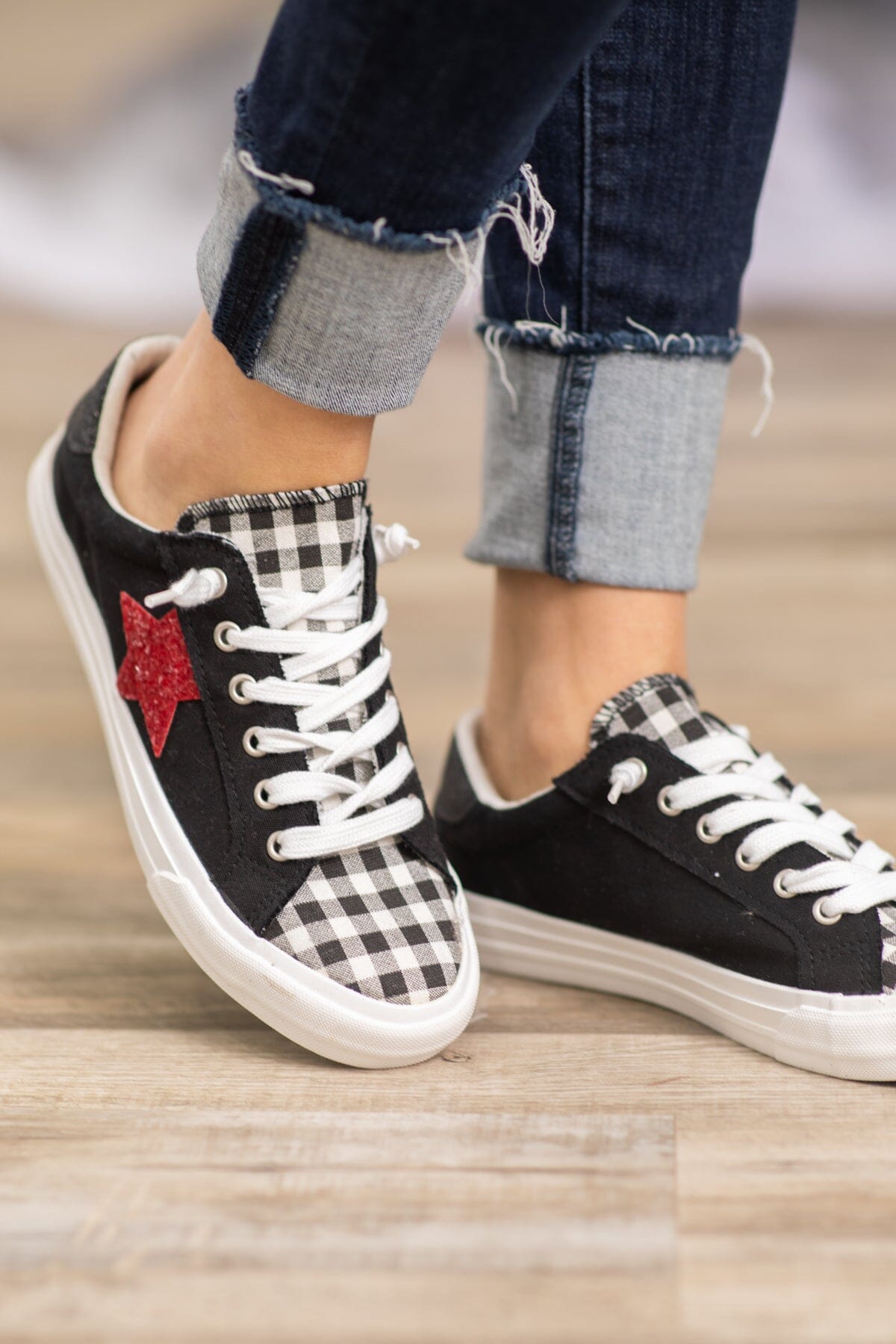 Black and Red Sneakers With Star Detail - Filly Flair
