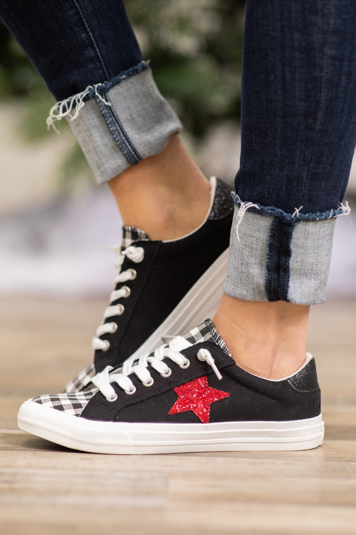 Black and Red Sneakers With Star Detail - Filly Flair