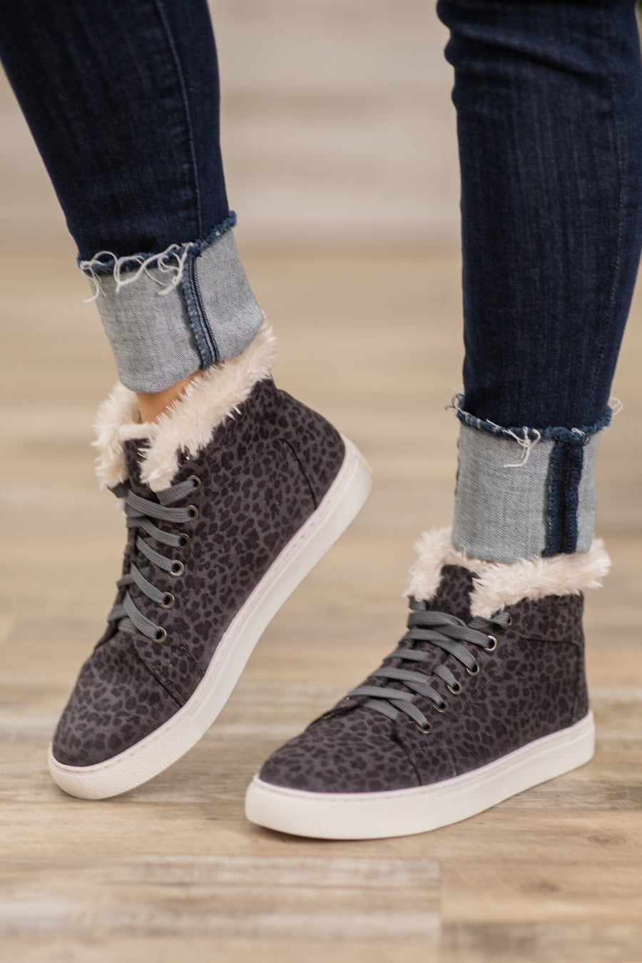 Grey Heathered High Top Faux Fur Trim Sneakers - Filly Flair