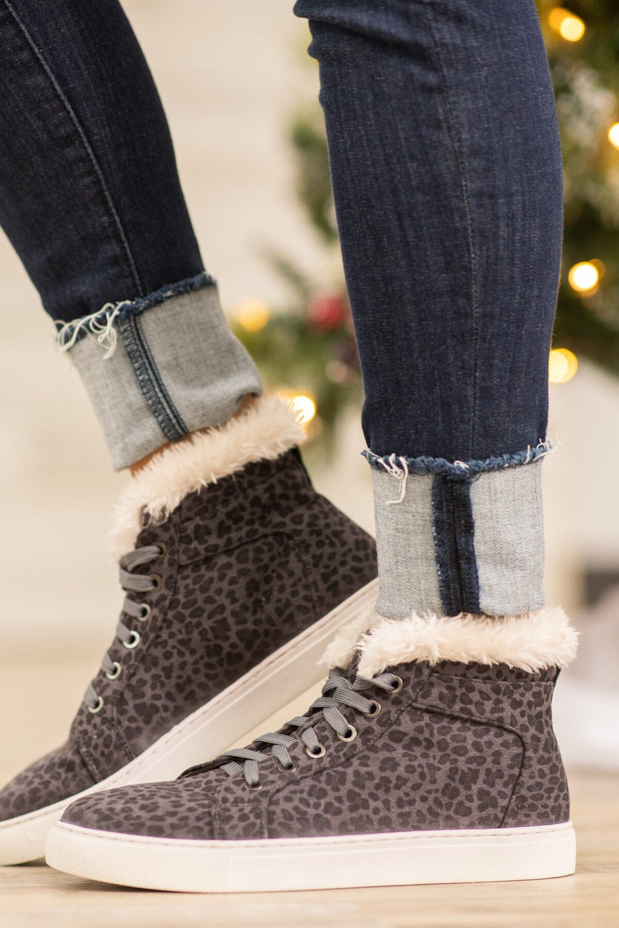 Grey Heathered High Top Faux Fur Trim Sneakers - Filly Flair