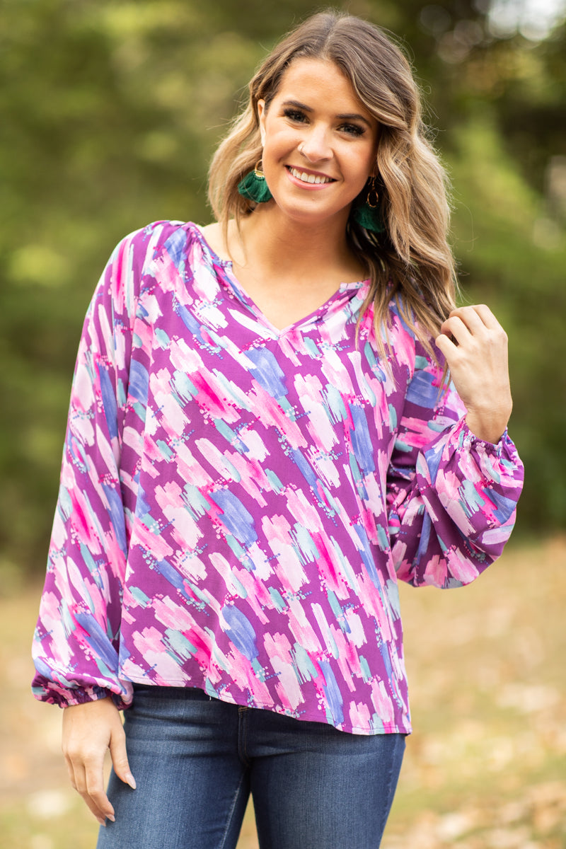 Purple Multicolor Abstract Print Top - Filly Flair