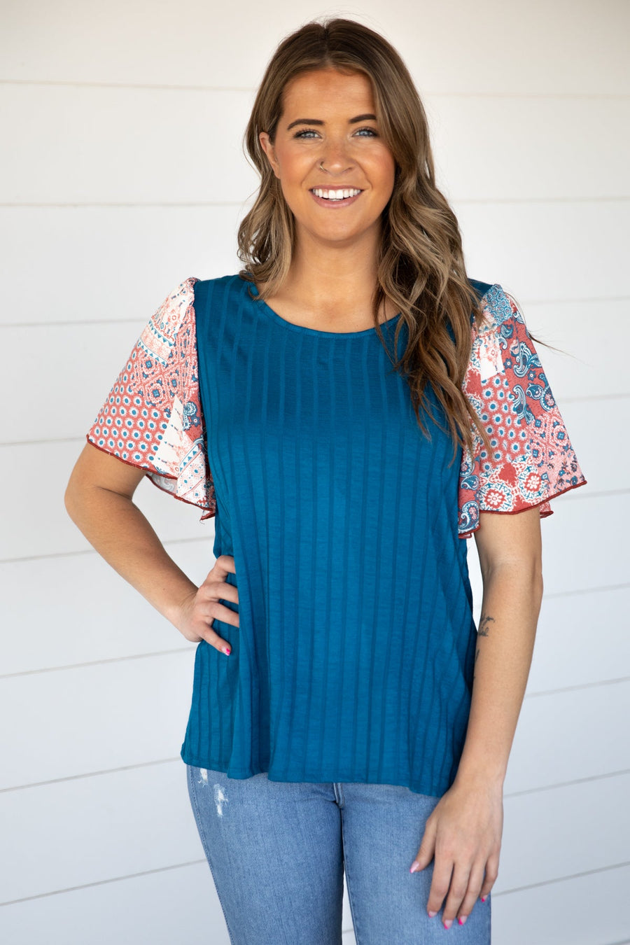 Teal Multicolor Boho Printed Sleeve Top - Filly Flair