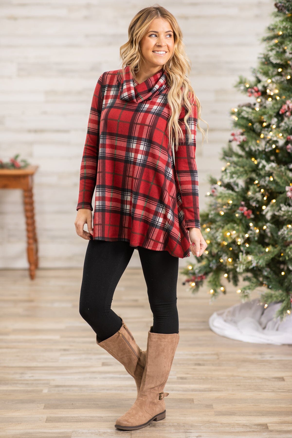 Red Plaid Cowl Neck Tunic - Filly Flair