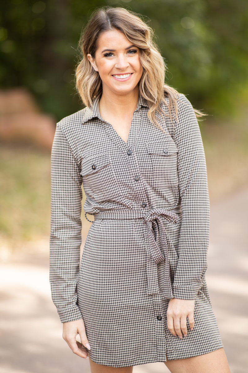 Brown and Beige Houndstooth Shirt Dress - Filly Flair
