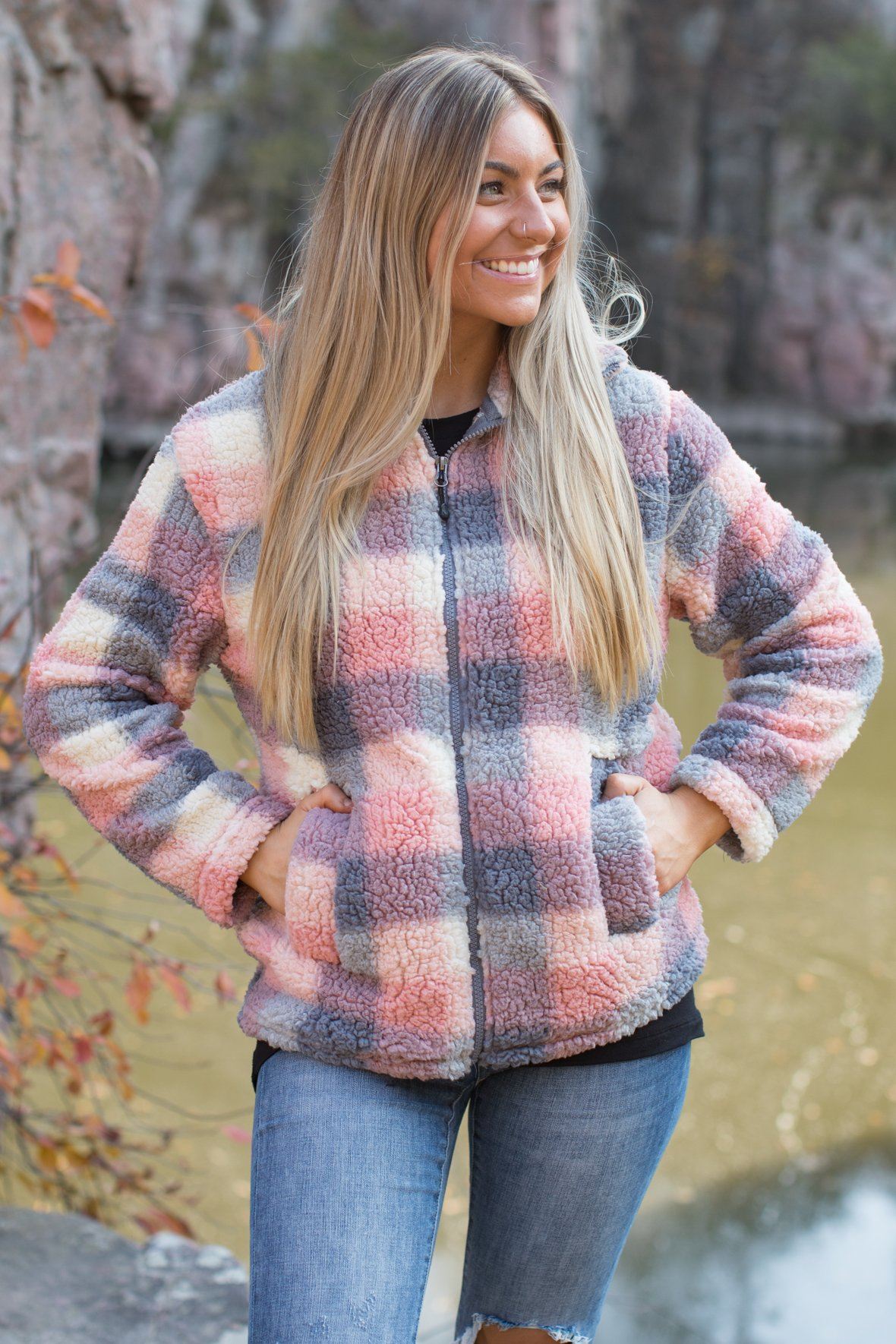 Cozy Living Plaid Zip Up in Pink - Filly Flair