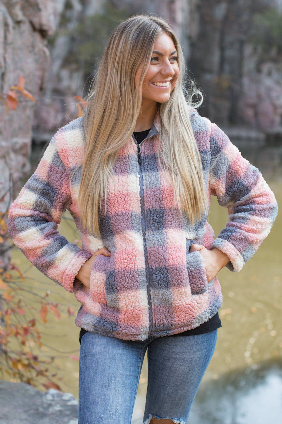 Cozy Living Plaid Zip Up in Pink - Filly Flair