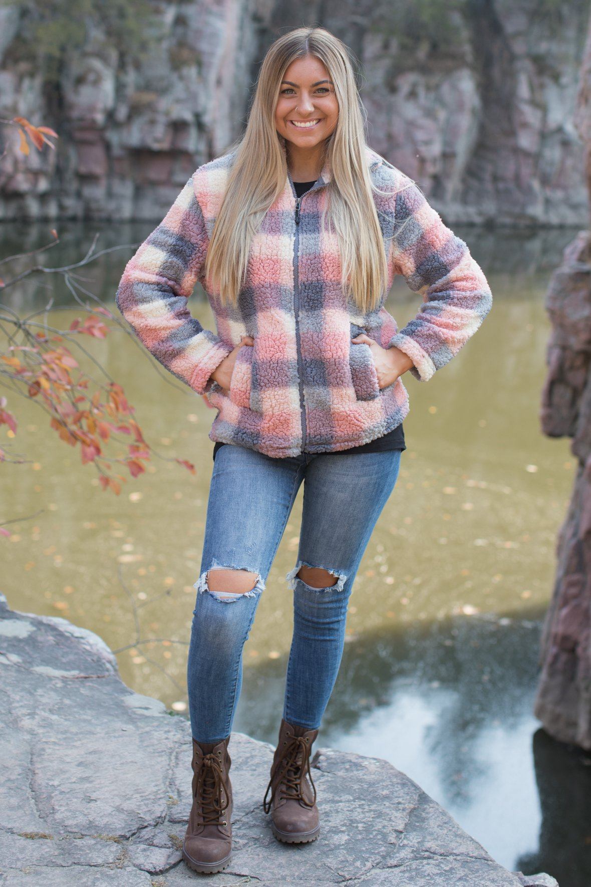 Cozy Living Plaid Zip Up in Pink - Filly Flair