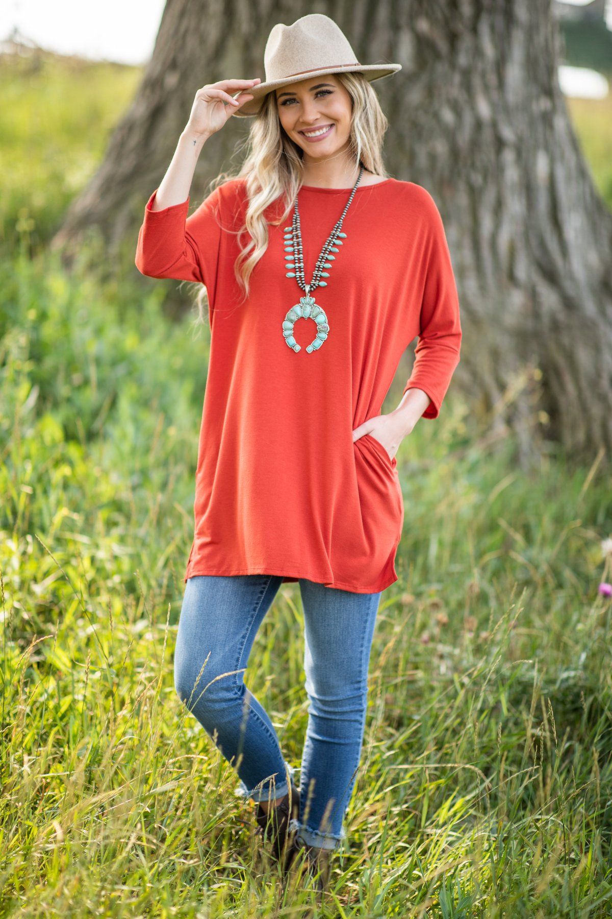 Rust Dolman Sleeve Tunic with Pockets - Filly Flair