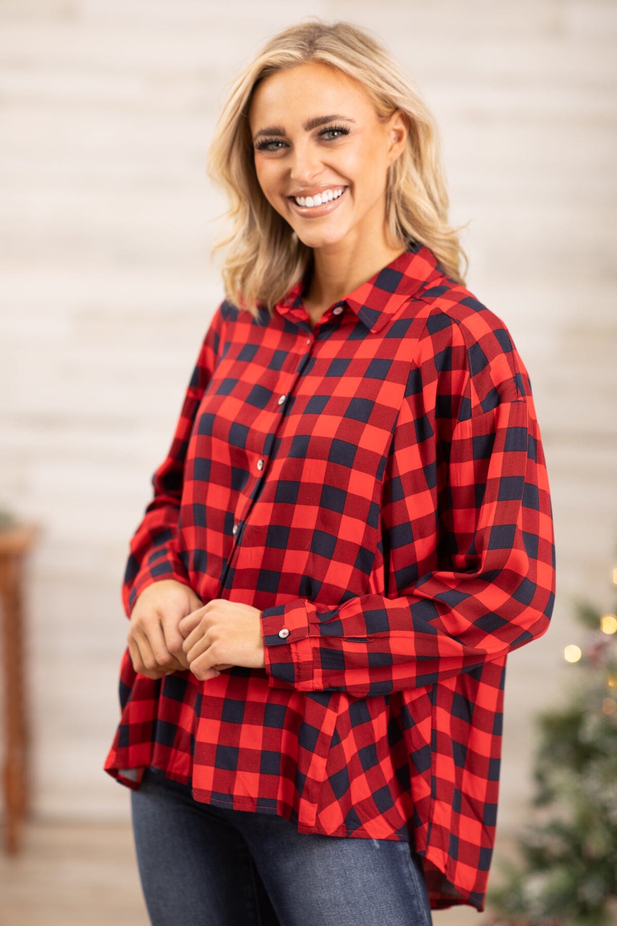 Red Buffalo Plaid Hi Lo Button Up Top - Filly Flair
